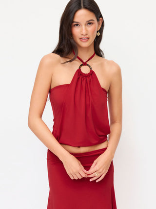 Halter Neck Top & Mid Rise Ruched Asymmetrical Midi Skirt Set