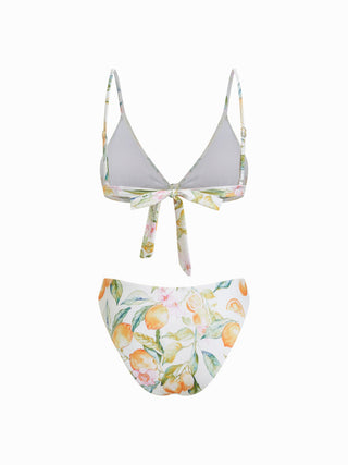 V-neck Fruit Graphic Low Rise Triangle 3 Piece Bikini Set With Pants