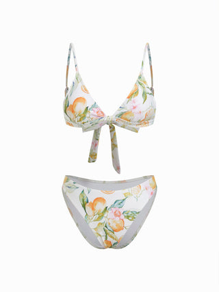 V-neck Fruit Graphic Low Rise Triangle 3 Piece Bikini Set With Pants