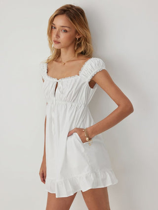 Cotton-blend Square Neck Puff Sleeve Drawstring Ruffle Hem Oversized Babydoll Mini Dress