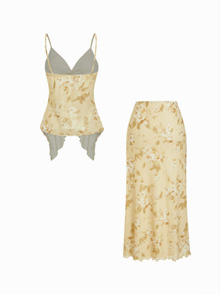 Mesh V-neck Floral Ruffle Cami Top & Mid Rise Maxi Skirt Set For Music Festival/Live House Vacation