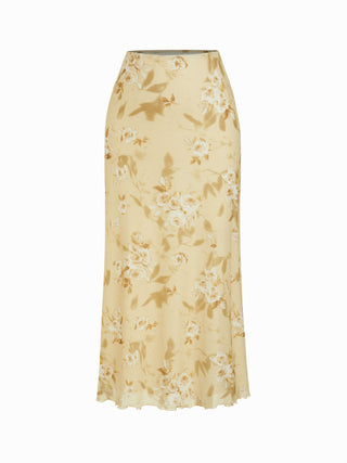 Mesh V-neck Floral Ruffle Cami Top & Mid Rise Maxi Skirt Set For Music Festival/Live House Vacation