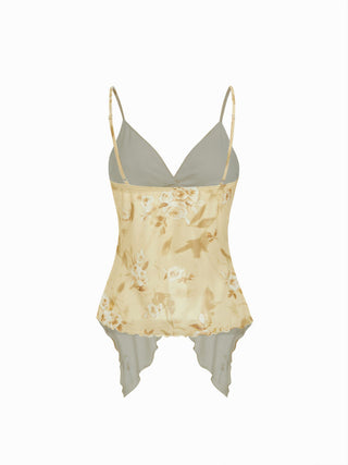 Mesh V-neck Floral Ruffle Cami Top & Mid Rise Maxi Skirt Set For Music Festival/Live House Vacation