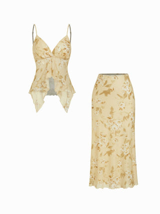 Mesh V-neck Floral Ruffle Cami Top & Mid Rise Maxi Skirt Set For Music Festival/Live House Vacation