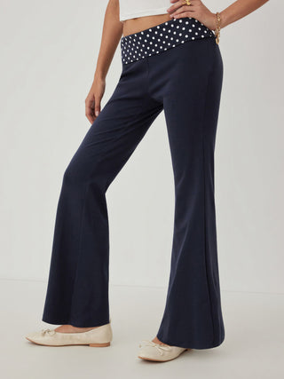 High Stretch Cotton-blend Low Rise Polka Dot Flared Trousers