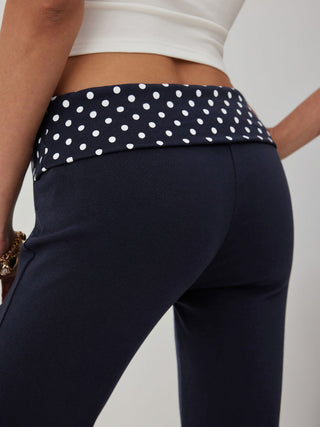 High Stretch Cotton-blend Low Rise Polka Dot Flared Trousers