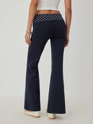 High Stretch Cotton-blend Low Rise Polka Dot Flared Trousers