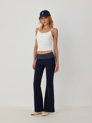 High Stretch Cotton-blend Low Rise Polka Dot Flared Trousers
