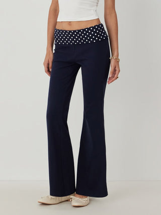 High Stretch Cotton-blend Low Rise Polka Dot Flared Trousers