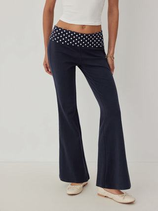 High Stretch Cotton-blend Low Rise Polka Dot Flared Trousers