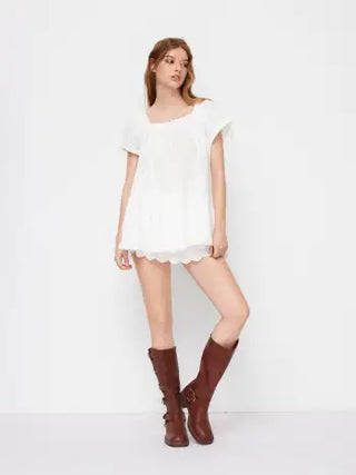 Square Neck Solid Ruffle Knotted Short Sleeve Blouse