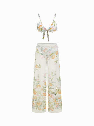 V-neck Fruit Graphic Low Rise Triangle 3 Piece Bikini Set With Pants