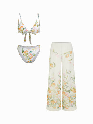 V-neck Fruit Graphic Low Rise Triangle 3 Piece Bikini Set With Pants
