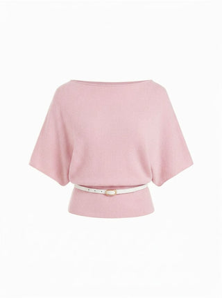 Knit Boat Neck Batwing Sleeve Top With Belt