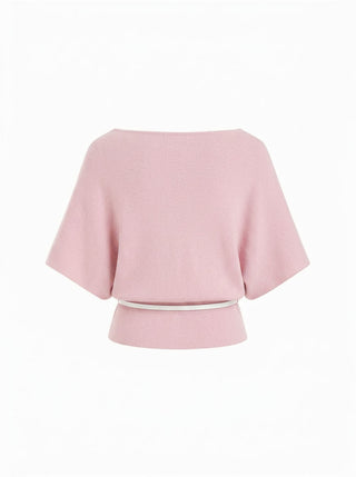 Knit Boat Neck Batwing Sleeve Top With Belt
