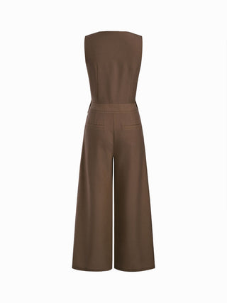 Woven V-neck Metal Button Pocket Wide Leg Jumpsuit For Work