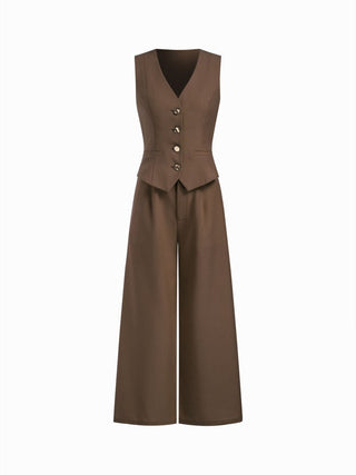 Woven V-neck Metal Button Pocket Wide Leg Jumpsuit For Work
