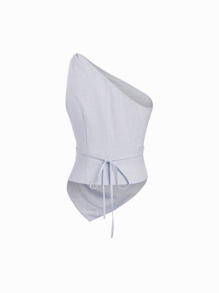 Linen-blend Asymmetrical Neck Ruched One-Shoulder Top