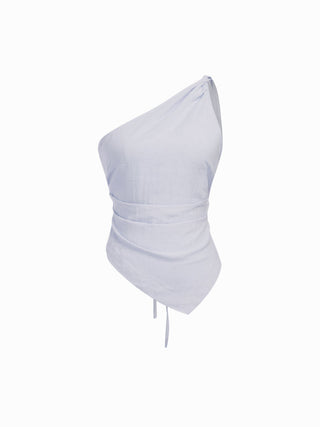Linen-blend Asymmetrical Neck Ruched One-Shoulder Top