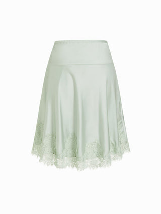 Satin Mid Rise Lace Panel A-line Midi Skirt