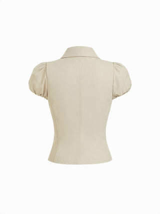 Notched Collar Puff Sleeve Asymmetrical Button Blouse