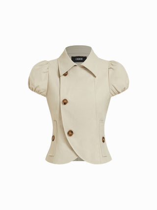 Notched Collar Puff Sleeve Asymmetrical Button Blouse