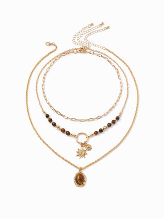 SUN & GEMSTONE PENDANT BEADED LAYERED NECKLACE
