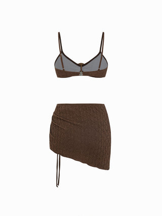 Textured Sweetheart Neck O-Ring Low Rise Cheeky Bikini Set With Sarong