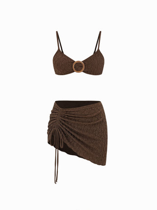 Textured Sweetheart Neck O-Ring Low Rise Cheeky Bikini Set With Sarong
