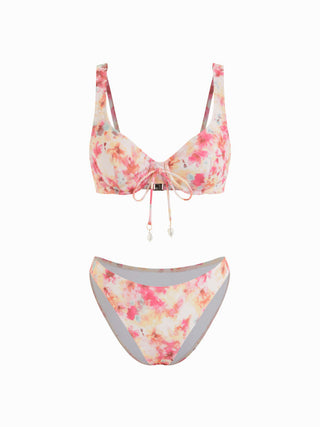 Knit Fabric Sweetheart Floral Bead Detail Underwire Bikini Set For Vacation Holiday Beach