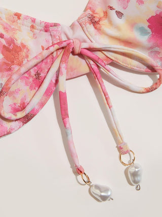 Knit Fabric Sweetheart Floral Bead Detail Underwire Bikini Set For Vacation Holiday Beach