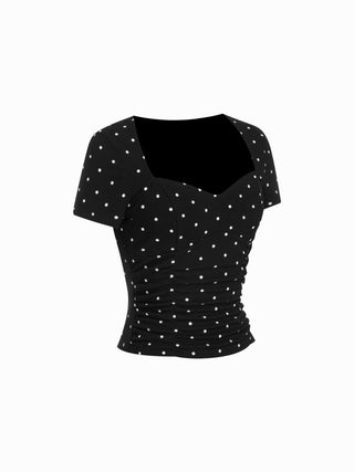 Cotton-blend Polka Dot V-neck Ruched Short Sleeve Top