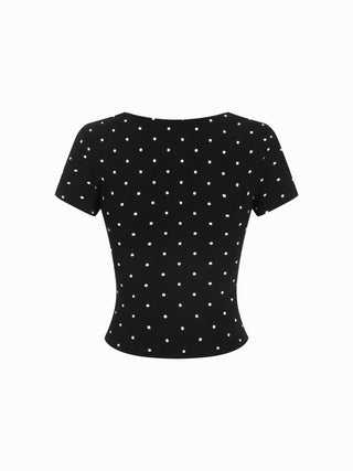 Cotton-blend Polka Dot V-neck Ruched Short Sleeve Top