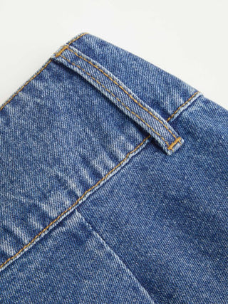 Washed Denim Low Rise Metal Detail Wide Leg Capri Jeans