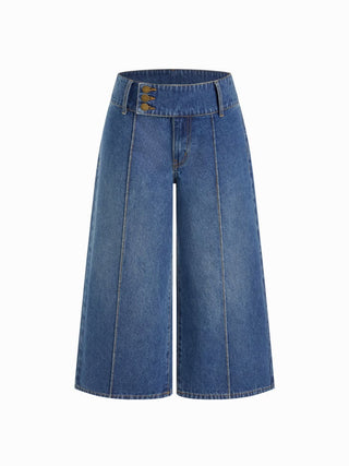 Washed Denim Low Rise Metal Detail Wide Leg Capri Jeans