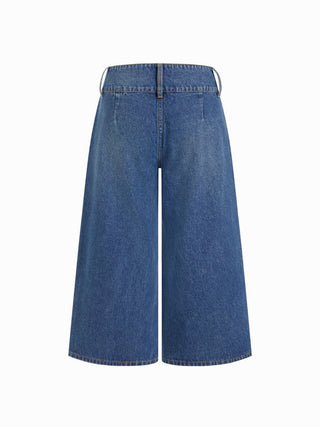 Washed Denim Low Rise Metal Detail Wide Leg Capri Jeans