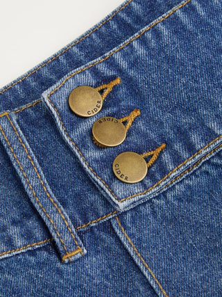 Washed Denim Low Rise Metal Detail Wide Leg Capri Jeans