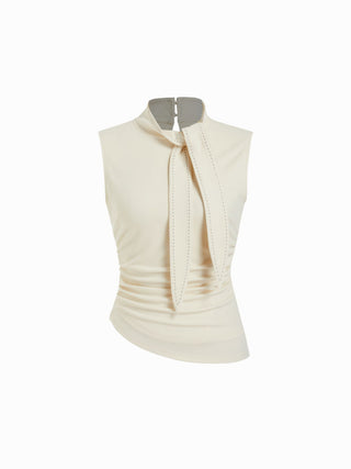 Knit Fabric Stand Collar Tie-Neck Ruched Stitch Tank Top For Daily Casual Work