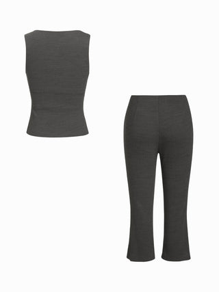 Textured Boat Neck Knotted Ruched Top & Mid Rise Capri Pants Set