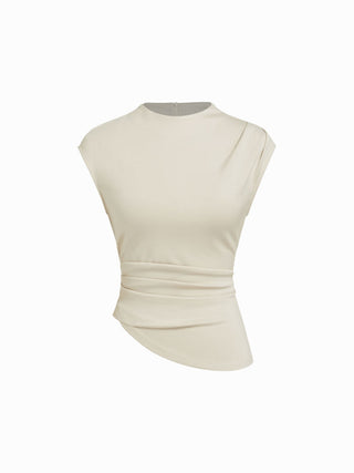 Knit Fabric Mock Neck Ruched Asymmetrical Hem Top & Mid Rise A-line Midi Skirt Set For Daily Casual Work