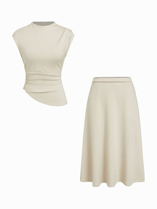Knit Fabric Mock Neck Ruched Asymmetrical Hem Top & Mid Rise A-line Midi Skirt Set For Daily Casual Work
