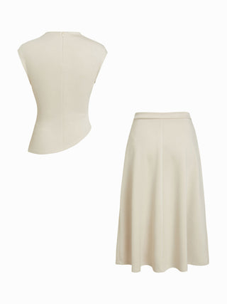 Knit Fabric Mock Neck Ruched Asymmetrical Hem Top & Mid Rise A-line Midi Skirt Set For Daily Casual Work