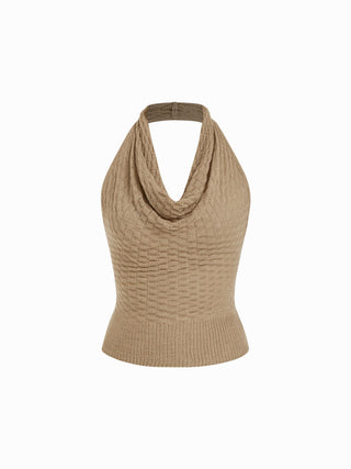 Knit Metallic Textured Cowl Neck Halter Halter Tank Top
