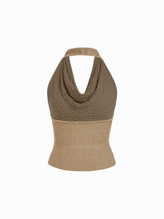 Knit Metallic Textured Cowl Neck Halter Halter Tank Top
