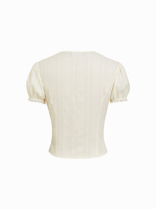 Cotton-blend Textured Lace Trim Puff Sleeve Blouse