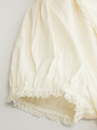 Cotton-blend Textured Lace Trim Puff Sleeve Blouse
