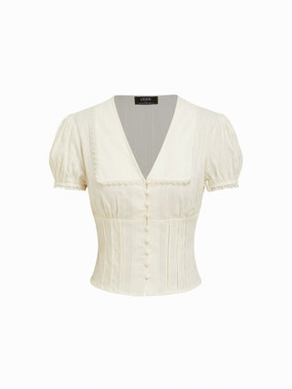 Cotton-blend Textured Lace Trim Puff Sleeve Blouse