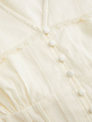 Cotton-blend Textured Lace Trim Puff Sleeve Blouse
