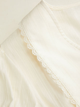 Cotton-blend Textured Lace Trim Puff Sleeve Blouse