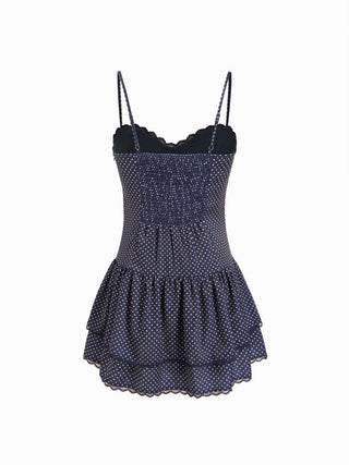Polka Dot Sweetheart Neck Lace Trim Tiered Ruffled Mini Dress